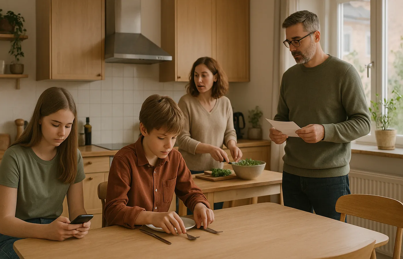 Family with teenagers around the kitchen table