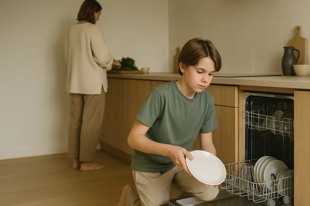 Parent and teenager unloading the dishwasher together