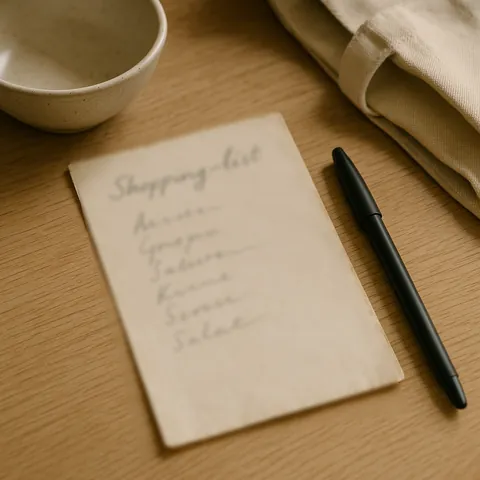 Handwritten shopping list on a kitchen table
